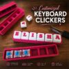 Personalized 3D-printed keyboard clicker keycaps spelling a custom name, in a pink storage case with mechanical switches